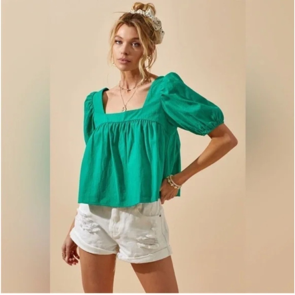 Day + Moon Green Puff Sleeve Blouse